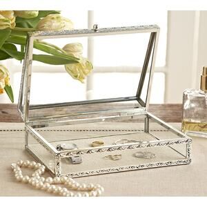 Pottery Barn Antique Silver Jewelry Box Embossed Metal Frame Silver-Plated